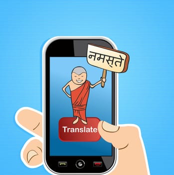 Hand with mobile device using an online English Indi translation app. Vector illustration layered for easy editing.