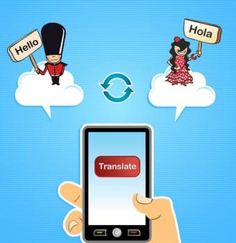 Human hand with mobile smart phone internet translation English to Spanish and vice versa app background. Vector illustration layered for easy editing.