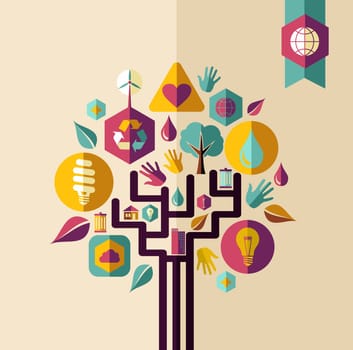 Retro style save the Earth tree idea with icons set. This illustration is layered for easy manipulation and custom coloring