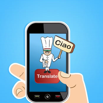 Hand holding a smart phone with Italian man translation software application concept. Vector illustration layered for easy editing.