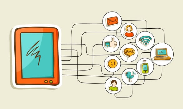Social networks diagram with hand drawn smart tablet pc. Vector illustration layered for easy manipulation and custom coloring.