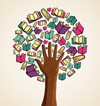 Global education concept hand tree books. Vector file layered for easy manipulation and custom coloring.