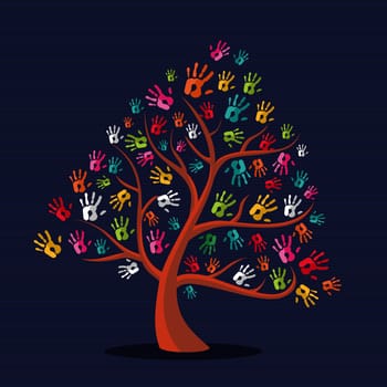 Diversity  solidarity hand prints tree illustration over stripe pattern background. Vector file layered for easy manipulation and custom coloring.