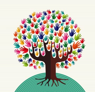 Colorful diversity tree hands illustration over stripe pattern background. Vector file layered for easy manipulation and custom coloring.