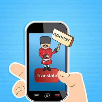 Hand holding a smart phone with Russian man translation software application concept. Vector illustration layered for easy editing.