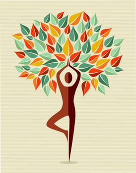 Human shape yoga exercise tree leaves design. Vector file layered for easy manipulation and custom coloring.