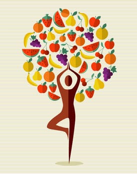 Human shape yoga exercise tree fruits design. Vector file layered for easy manipulation and custom coloring.
