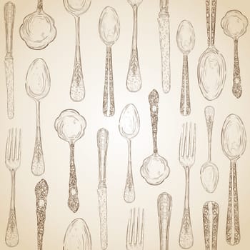 Hand drawn silverware icons seamless pattern background. Vector file layered for easy manipulation and custom coloring.