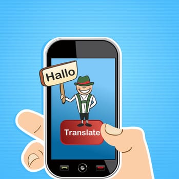 Hand holding a smart phone with German man and sign translation software application. Vector illustration layered for easy editing.