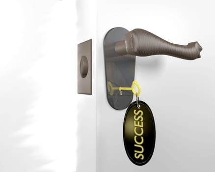 Key to success unlocking door, with light shining through the opening