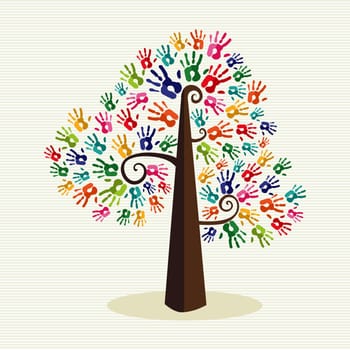 Multi-ethnic colorful hand prints tree over stripe pattern background. Vector file layered for easy manipulation and custom coloring.
