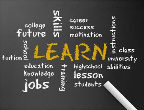 Dark chalkboard with the word learn illustration.