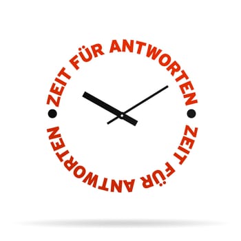 High resolution clock with the words time for answers on white background.
