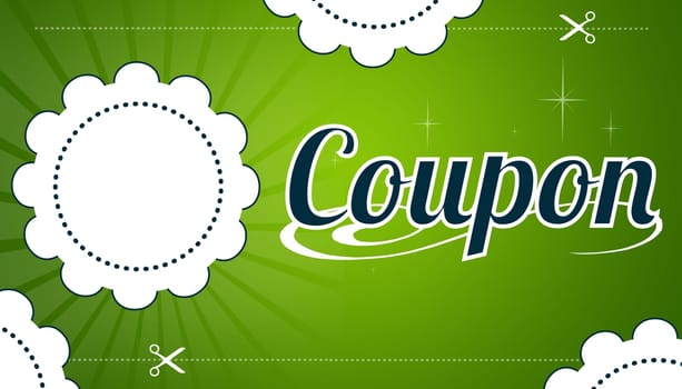 High resolution promotional coupon on green background.