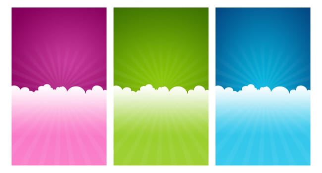 Colorful greeting card templates with cloud elements.