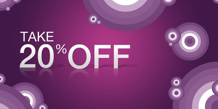 Purple, high resolution "Take 20% Off"" coupon with abstract elements."