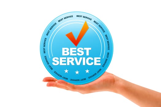 Hand holding a Best Service icon on white background.