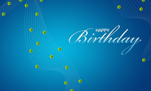 High resolution blue happy birthday card with green flowers.
