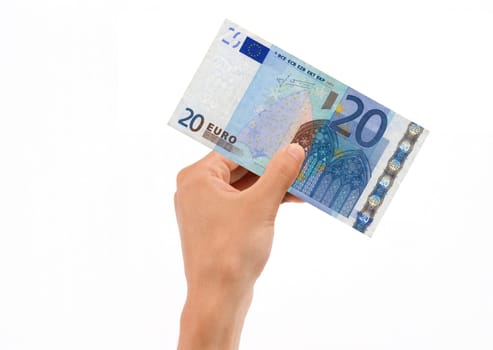 Hand Holding 20 Euro Bill on white background.