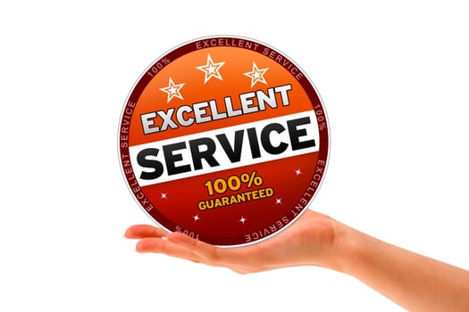 Hand holding a Excellent Service Icon on white background.