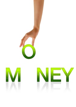 High resolution graphic of a hand holding the letter O from the word money.