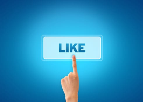 Hand pointing at a like icon on blue grandient background.