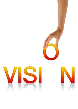 High resolution graphic of a hand holding the letter O from the word Vision.