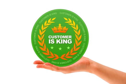 Hand holding a Customer is King icon on white background.