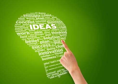 Hand pointing a ideas word cloud illustration.