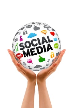 Hands holding a 3d Social Media Sphere sign on white background.