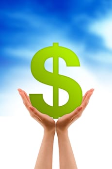 Hands holding a dollar sign on cloud background.