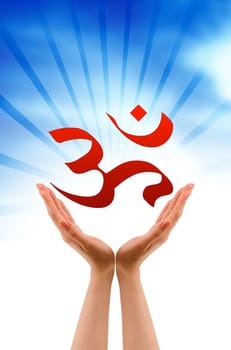 Hand holding a buddhism sign on cloud background.