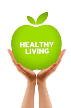 Hands holding a Green Healhty Living Apple Illustration.