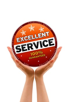 Hands holding a Excellent Service Icon on white background.