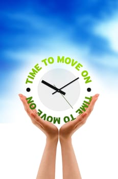 High resolution graphic of hands holding time to move on clock.