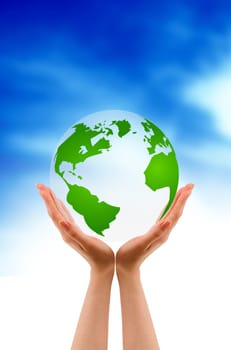 Hands Holding  A Globe on cloud background.