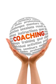 Hands holding a 3D Coaching Sphere in white background.