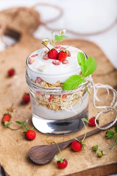 Muesli with yogurt and wild strawberries