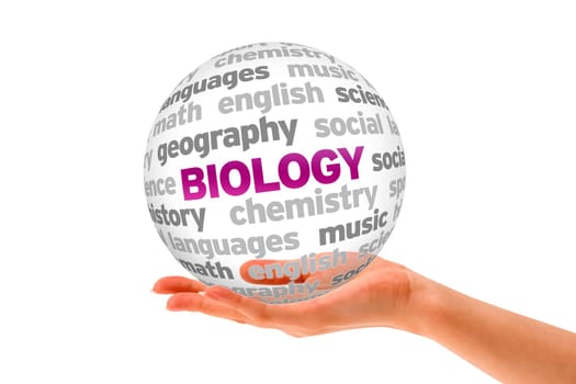 Hand holding a Biology Word Sphere on white background.