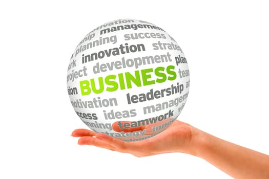 Hand holding a 3d Business word Sphere on white background.