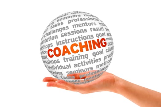 Hand holding a Coaching 3d Sphere on white background.