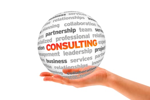 Hand holding a Consulting Word Sphere on white background.