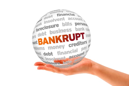 Hand holding a Bankrupt Word Sphere on white background.