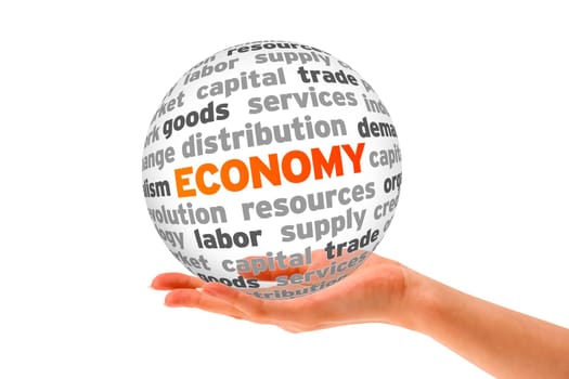Hand holding a Economy Word Sphere on white background.