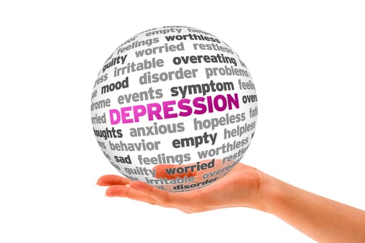 Hand holding a Depression Word Sphere on white background.