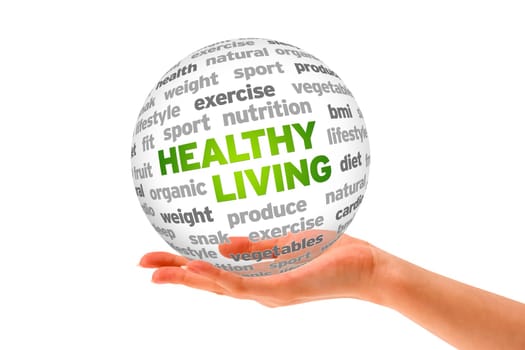 Hand holding a 3d Healthy Living Sphere on white background.