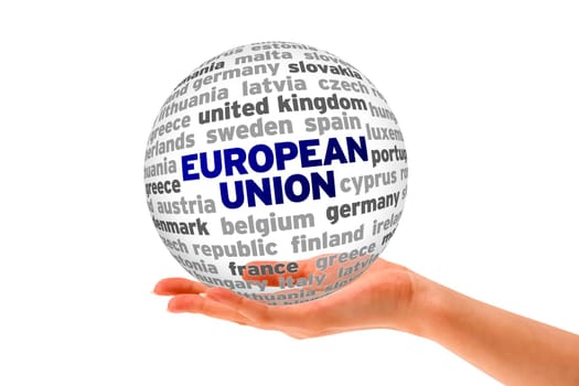 Hand holding a European Union Word Sphere on white background.