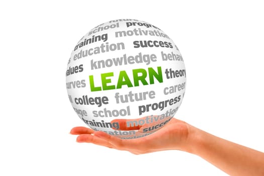 Hand holding a Learn Word Sphere on white background.
