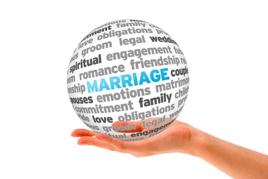 Hand holding a Marriage Word Sphere on white background.