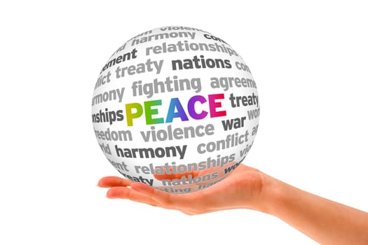 Hand holding a Peace Word Sphere on white background.